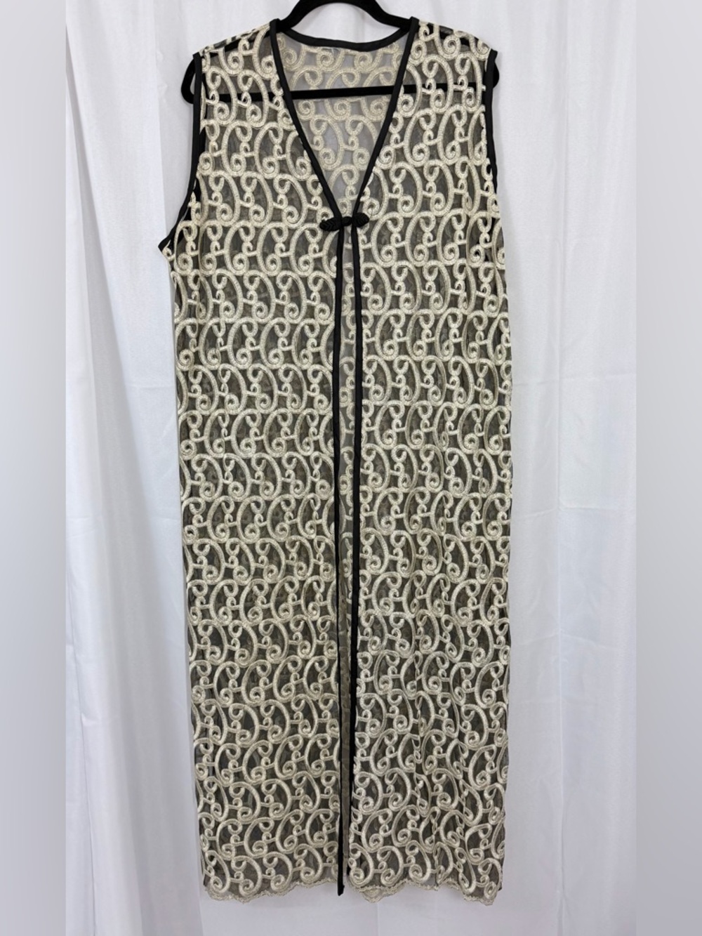 Vintage Black Sheer Maxi Vest/Duster w/ Cream Embroidered Swirl Lace Overlay XL